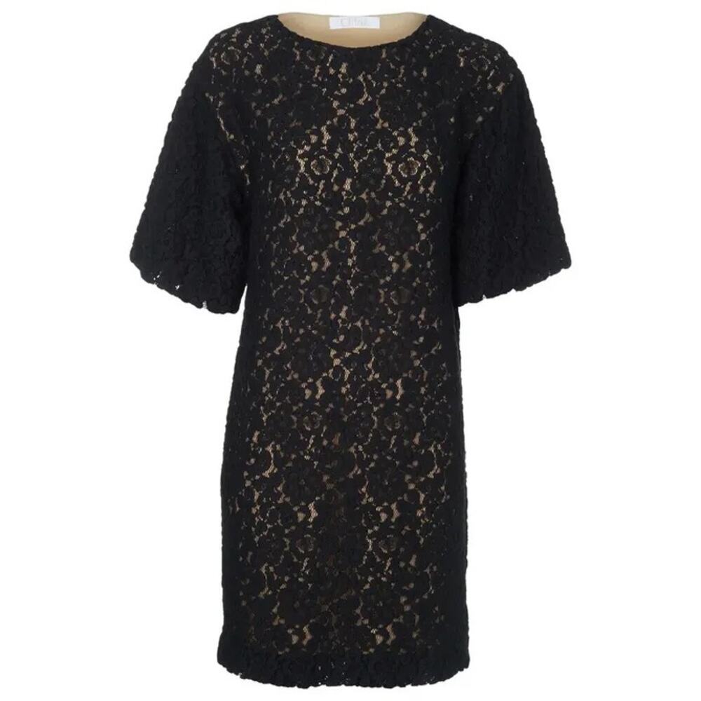 CHLOE Black Lace Flutter Sleeve Mini Shift Dress | EU 34 - US 2